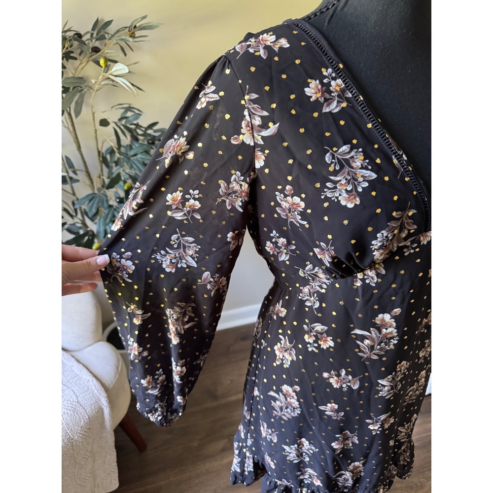 Illa Illa Black Floral Gold Foil Polka Dot Open Back Ruffle Mini Dress Small - Picture 3 of 4